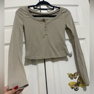 Ribbed Beige Long Sleeve Button-Front Crop Top for Women